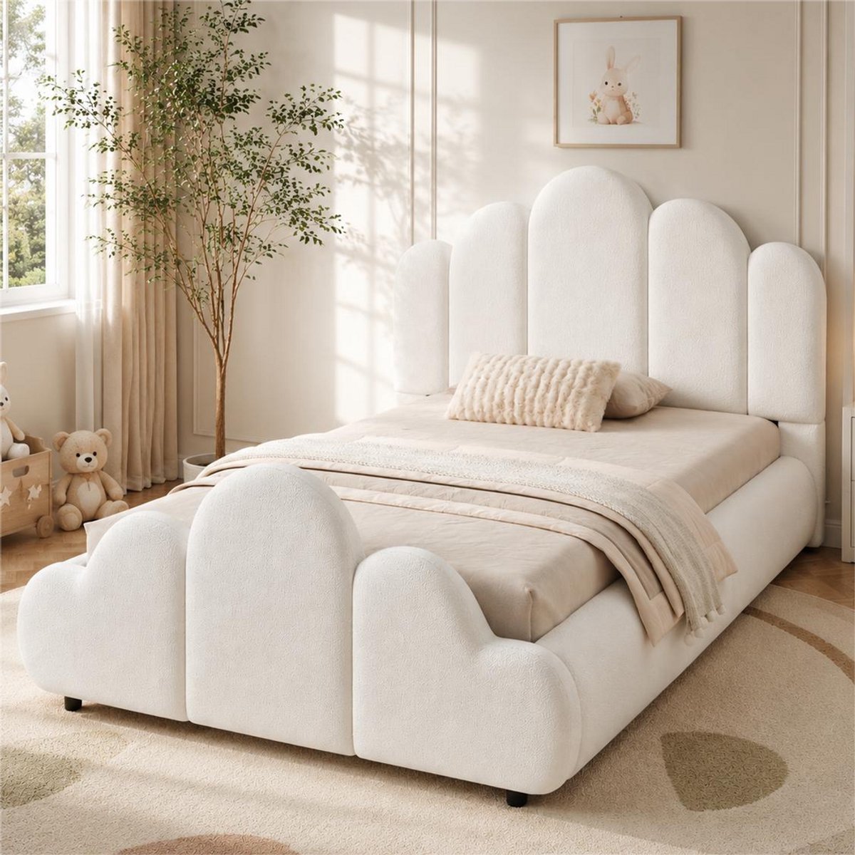 Pugsdrly Gestoffeerd bed, eenpersoonsbed, kinderbed 90 x 200 cm, bed met gestoffeerd hoofdeinde, afgeronde hoeken, bouclé, beige
