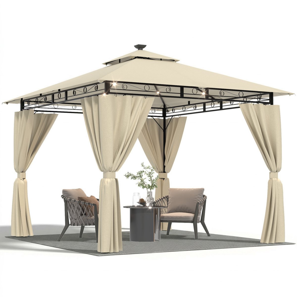 Devoko Tuinpaviljoen 3x3 m - LED-verlichting op zonne-energie - Instelbare helderheid-timerfunctie - waterdicht en UV-bestendig - ademend dubbel dak - met vier zijwanden - Beige