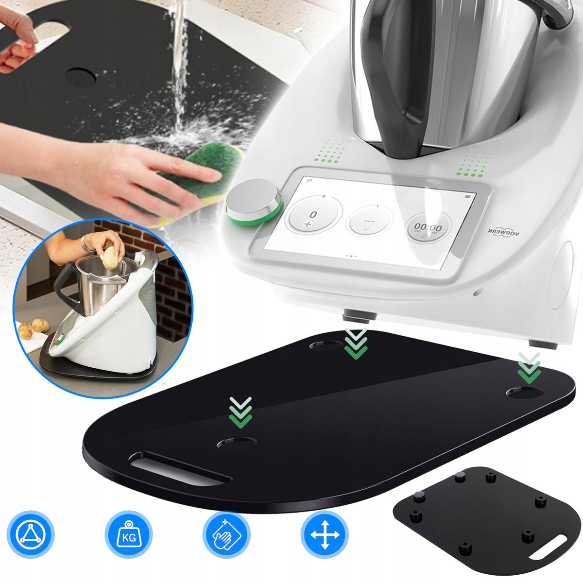 Acryl Schuifbasis Voor Thermomix TM6/TM5 - 2 Teflon Schuifjes Antislipvoetjes Ingebouwd Handvat - Ruimtebesparend Gemakkelijk Schoon Te Maken 28x36cm - Zwart