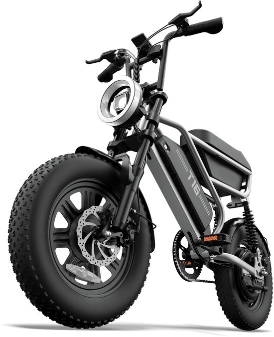 Fatbike électrique grise avec pneus larges et phare distinctif, vue en contre-plongée.