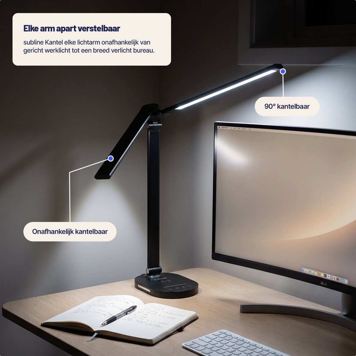 Stane Dubbele Bureaulamp LED Dimbaar - 2 Draaibare Lampenkoppen - 5 Lichtkleuren (2700K-6000K) - Touchbediening - - Tafellamp - Werklamp - Zwart Incl USB-C-Kabel thumbnail 4