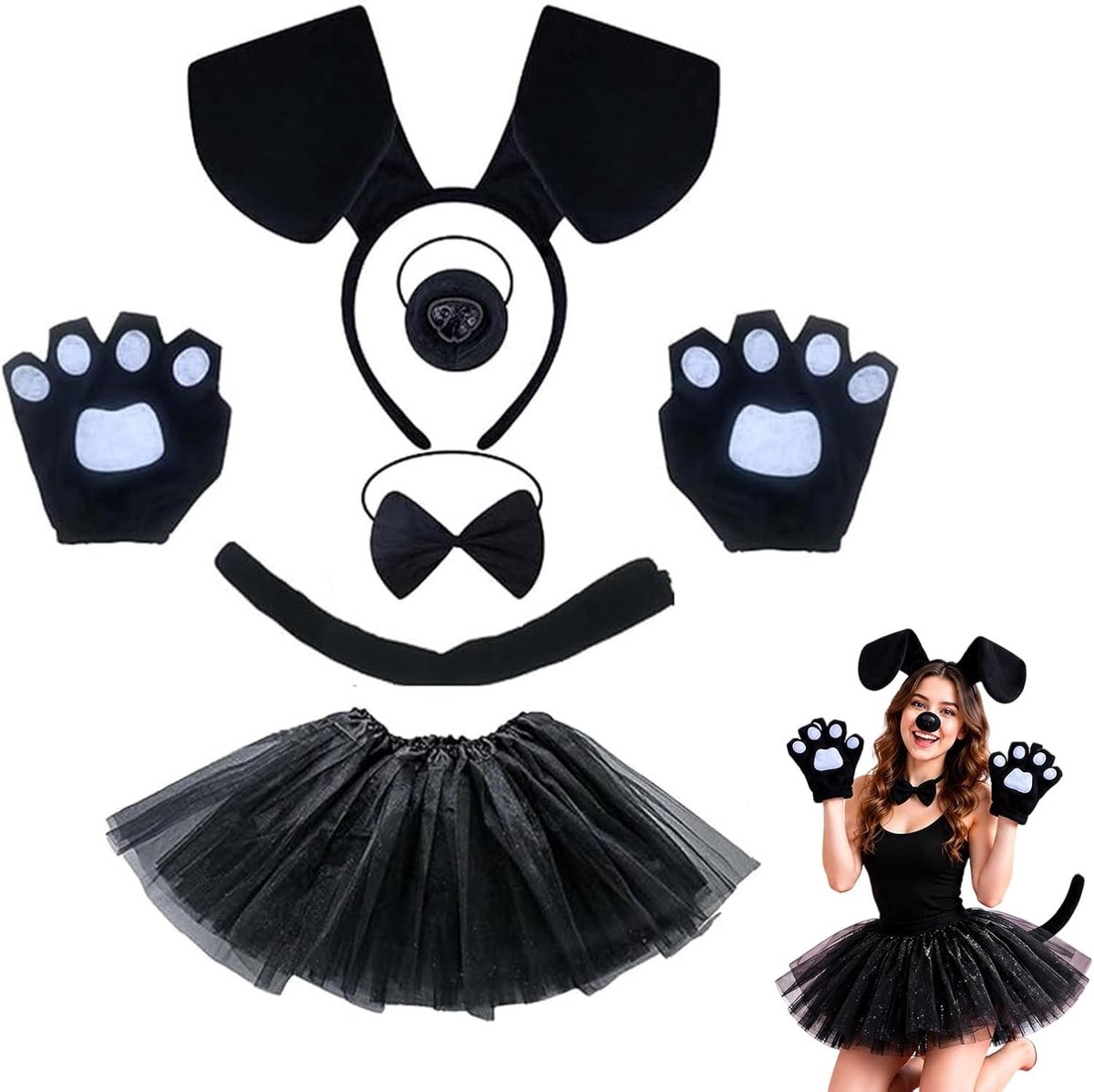 Zesdelige Puppy Rollenspelset – Zwart Kostuum voor Volwassenen met Oren, Neus, Strik, Staart en Poothandschoenen – Perfect voor Halloween en Themapartijen