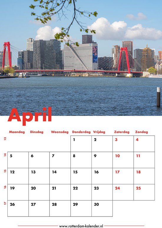 Kalenderpagina April met de skyline van Rotterdam en de rode Rijnbrug, gezien vanaf het water.
