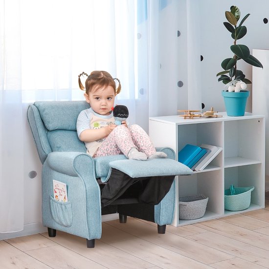 Blauwe 58x53x70cm Kindersofa Met Voetensteun En Verstelbare Rugleuning, Kinderfauteuil Met Armleuningen En Ligfunctie, Comfortabele Kinderstoel Voor Jongens En Meisjes Van 3-5 Jaar, Kinderbank Voor Kinderkamer En Speelhoek — afbeelding 4