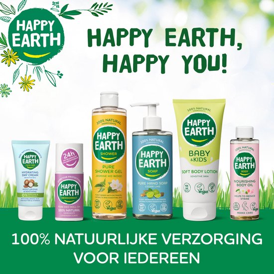 Zes Happy Earth producten: bodylotion, deodorant, douchegel, handzeep, baby- en kinderlotion. 100% natuurlijke verzorging.