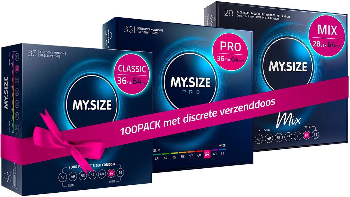 MY.SIZE 100 Condooms 64 mm Megaset Classic+Mix+Pro I Maat 1 I 100 stuks voordeelverpakking I Extra dun Premium condoom I Zeer dun gevoelig I Dunne wand I Vegan condooms I Condooms voor mannen