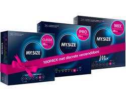MY.SIZE 100 Condooms 64 mm Megaset Classic+Mix+Pro I Maat 1 I 100 stuks voordeelverpakking I Extra dun Premium condoom I Zeer dun gevoelig I Dunne wand I Vegan condooms I Condooms voor mannen