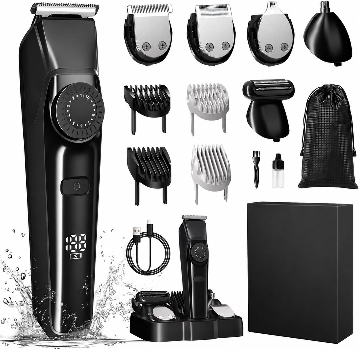 Multitrimmer Heren All-in-1 - Baardtrimmer, Neustrimmer & Bodytrimmer - 40 Lengte-instellingen - IPX7 Waterdicht - LED Display