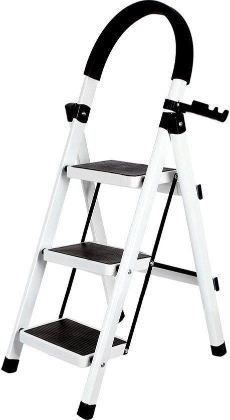 Witte inklapbare trap met 3 treden, zwarte antislip handgreep en zwarte antislip treden.