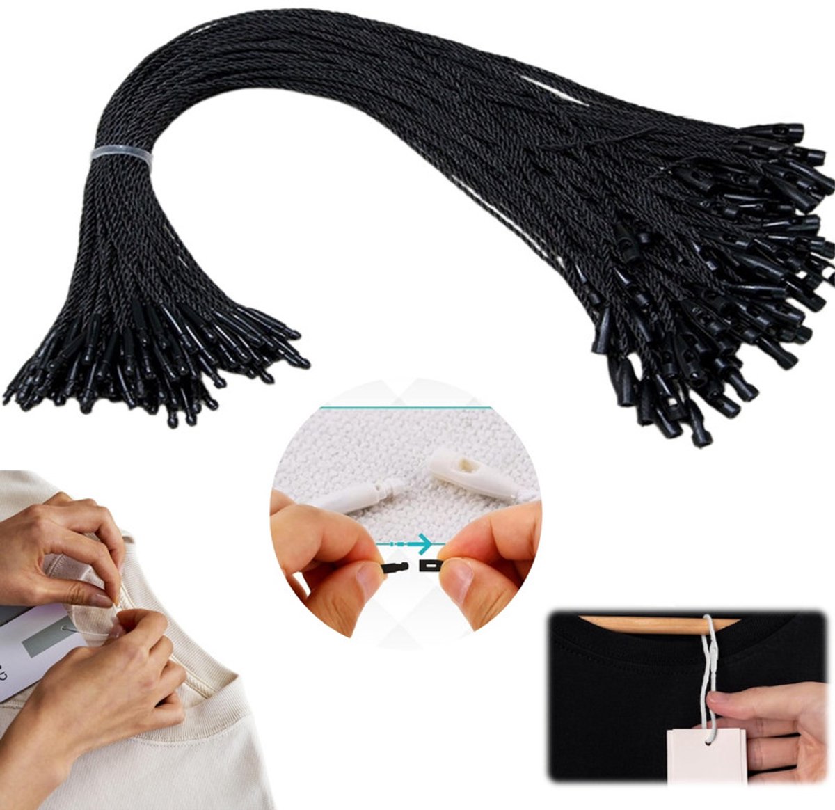 Verpakking van 1.000 nylon bevestigingslusjes (20 cm) – Lusjes met kliksluiting voor prijskaartjes en beveiligingslabels–Universele bevestigingen voor kledinglabels–Lusjes van gewaxt koord – Handmatig aan te brengen bevestigingskoordjes voor kleding
