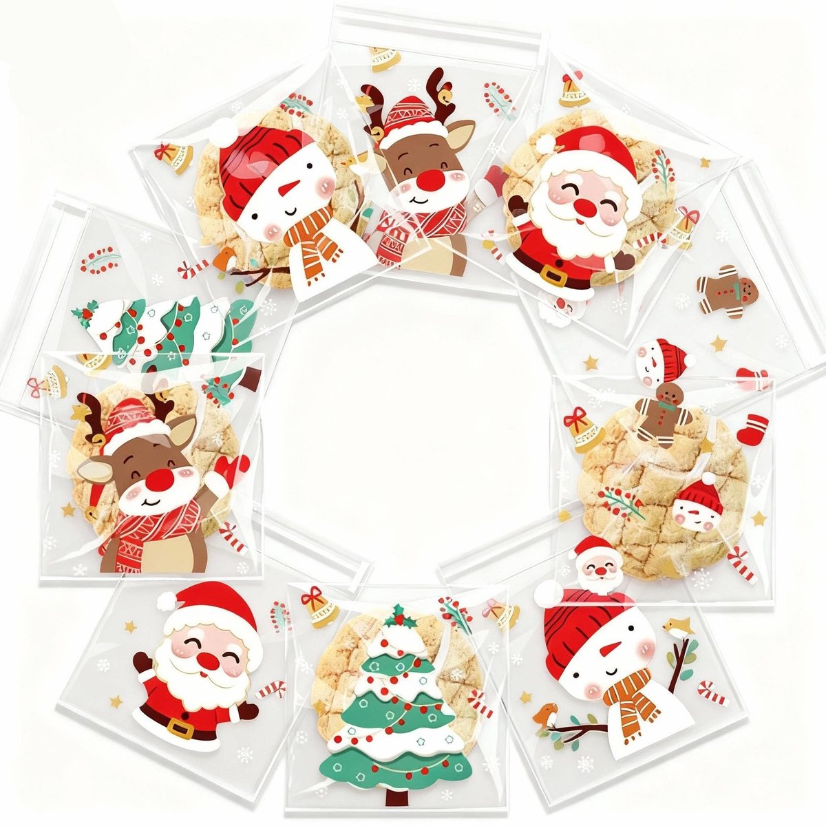 Omgoods - 100 Transparante Zelfklevende Kerst Cellofaan Tassen, 10 x 10 cm