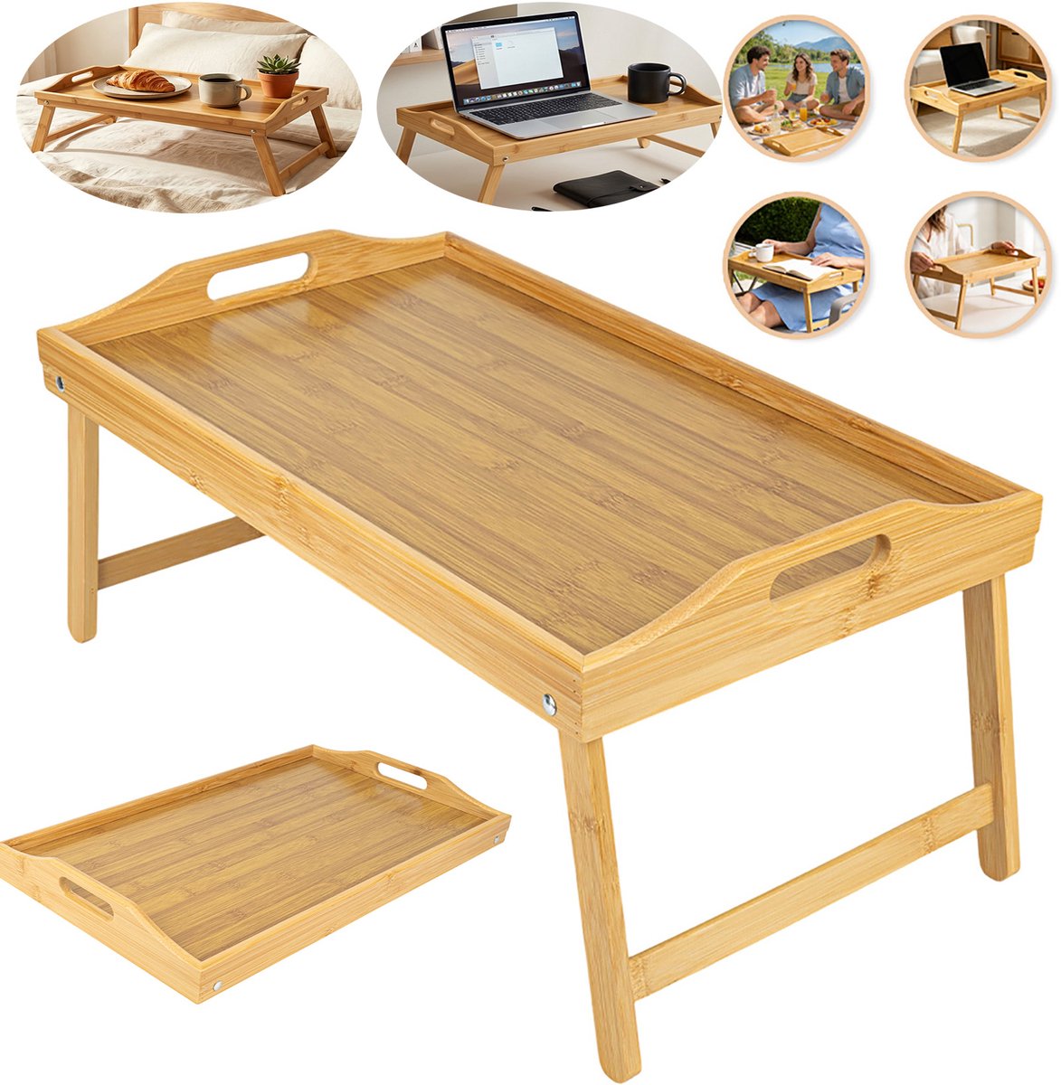 Opvouwbaar Serveerblad Van Bamboe, Nachtkastje Met Inklapbare Poten, Multifunctioneel Ontbijtblad Voor Op Schoot, Opklapbare Bedtafel.