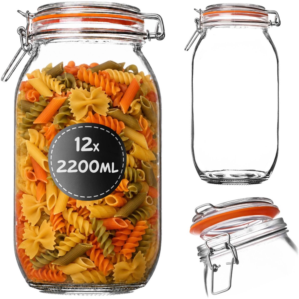 KADAX inmaakpot 12 stuks 2,2 l met beugelsluiting, luchtdichte glazen pot met rubberen afdichting en deksel, augurkenpot, grote glazen voorraadpot, fermentatiepot