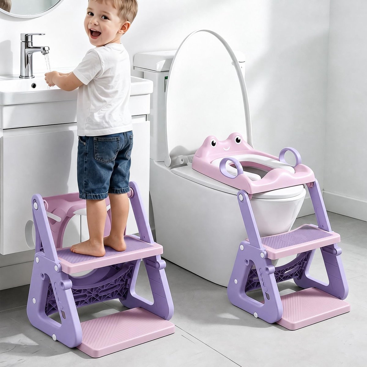 Omgoods - Verstelbare Kindertoiletbril met Trapje, Paars Roze