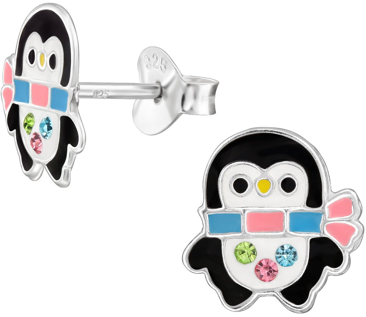 Joy|S - Zilveren pinguïn oorbellen - 8.9 x 9.3 mm - gekleurde kristalletjes - sterling zilver 925 - zwart wit met blauw roze sjaal - pinguïn oorknoppen voor kinderen - kinderoorbellen