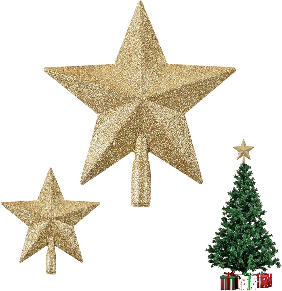 2 stuks kerstboom, boompunt, goud, ster, glitterboom, topdecoratie, kerstboom, voor Kerstmis, feest, nieuwe decoratie (20 cm en 10 cm)