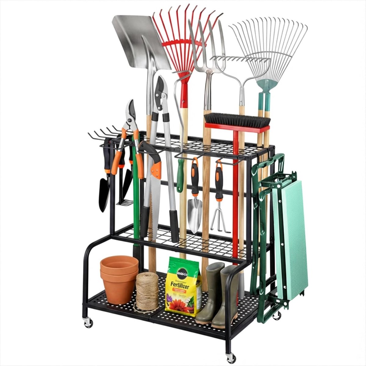 Tuingereedschapsstandaard, 60 x 40 x 66 cm, gereedschapshouder, organizer, 3 verdiepingen, metalen tuingereedschapshouder