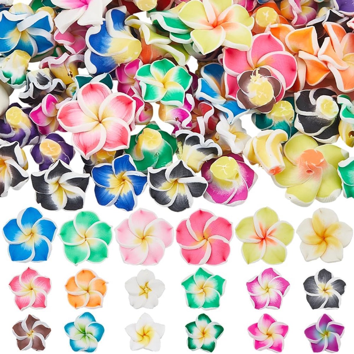 1 doos 100 stuks 3 maten plumeria bloem kraal polymeer klei bloemen kralen bulk willekeurige gemengde kleurrijke zomer Hawaii thema 3D bloemen losse afstandhouders voor sieraden maken
