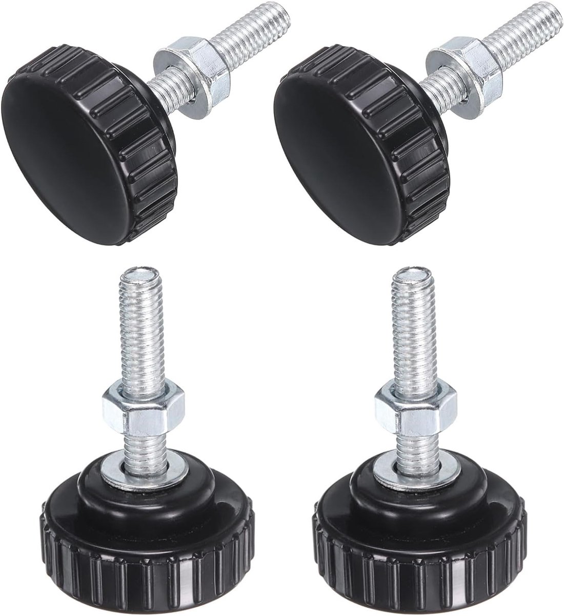 Set van 4 gekartelde knoppen, duimschroeven met moeren, sluitringen, M6 x 35 mm schroefdraad, 30 mm, kunststof kop, verzinkt koolstofstaal, klemschroeven, handgrepen, zwart