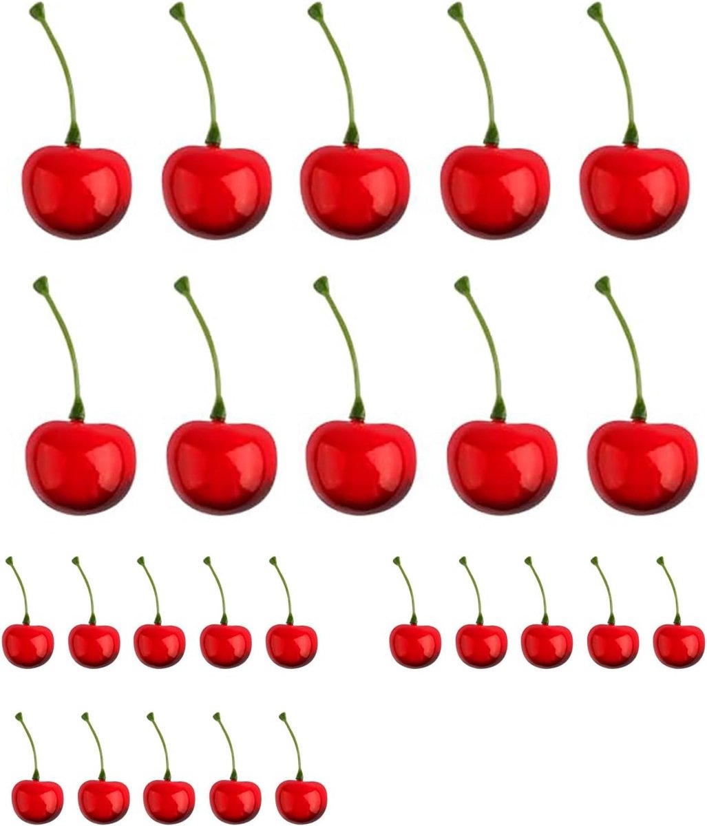 Kunstkersen, 25 stuks schuim-simulatieksen, natuurgetrouwe rode kunstkersen voor cocktailkersen, kersentaartdecoratie, kersenknutseldecoratie (2,5 cm)