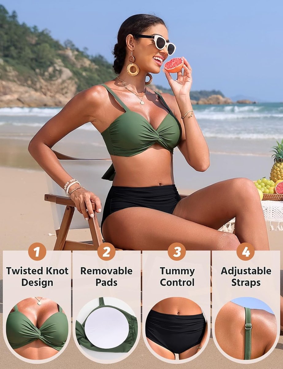 Badpak voor dames, hoge taille, gedraaid voorhoofd, tweedelig, push-up beha, sexy, strand, buikcontrole, zwemkleding beachwear