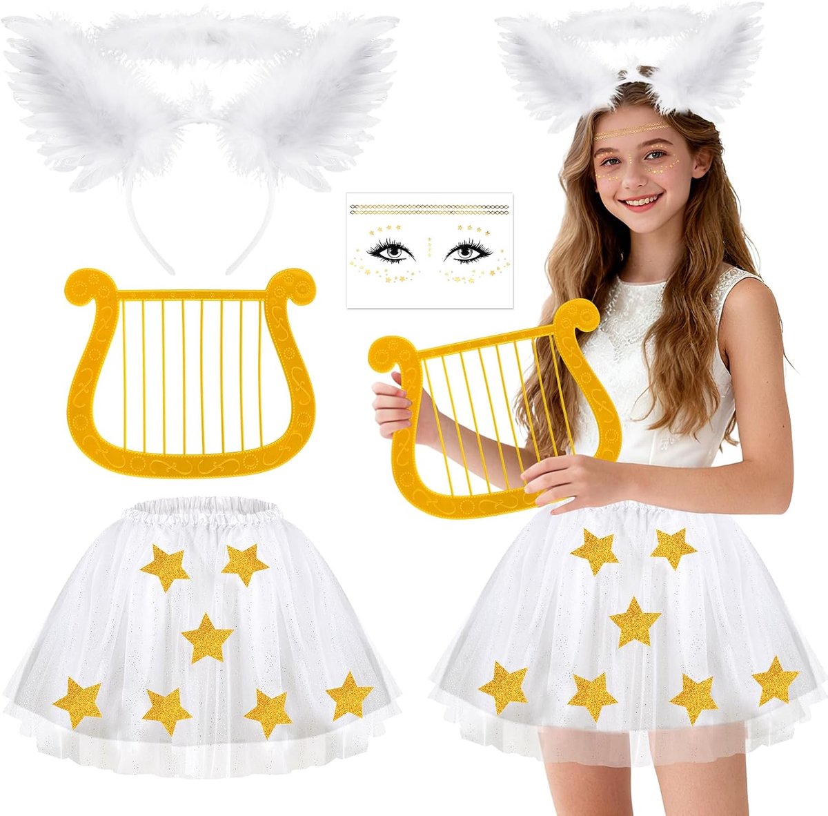 4 stuks engelenkostuum voor dames, engelenvleugels en halo-hoofdband, glitter sproeten tattoo plastic harp tutu rok, kerstverkleding vrouwen voor Halloween Kerstmis kerststal carnaval cosplay party