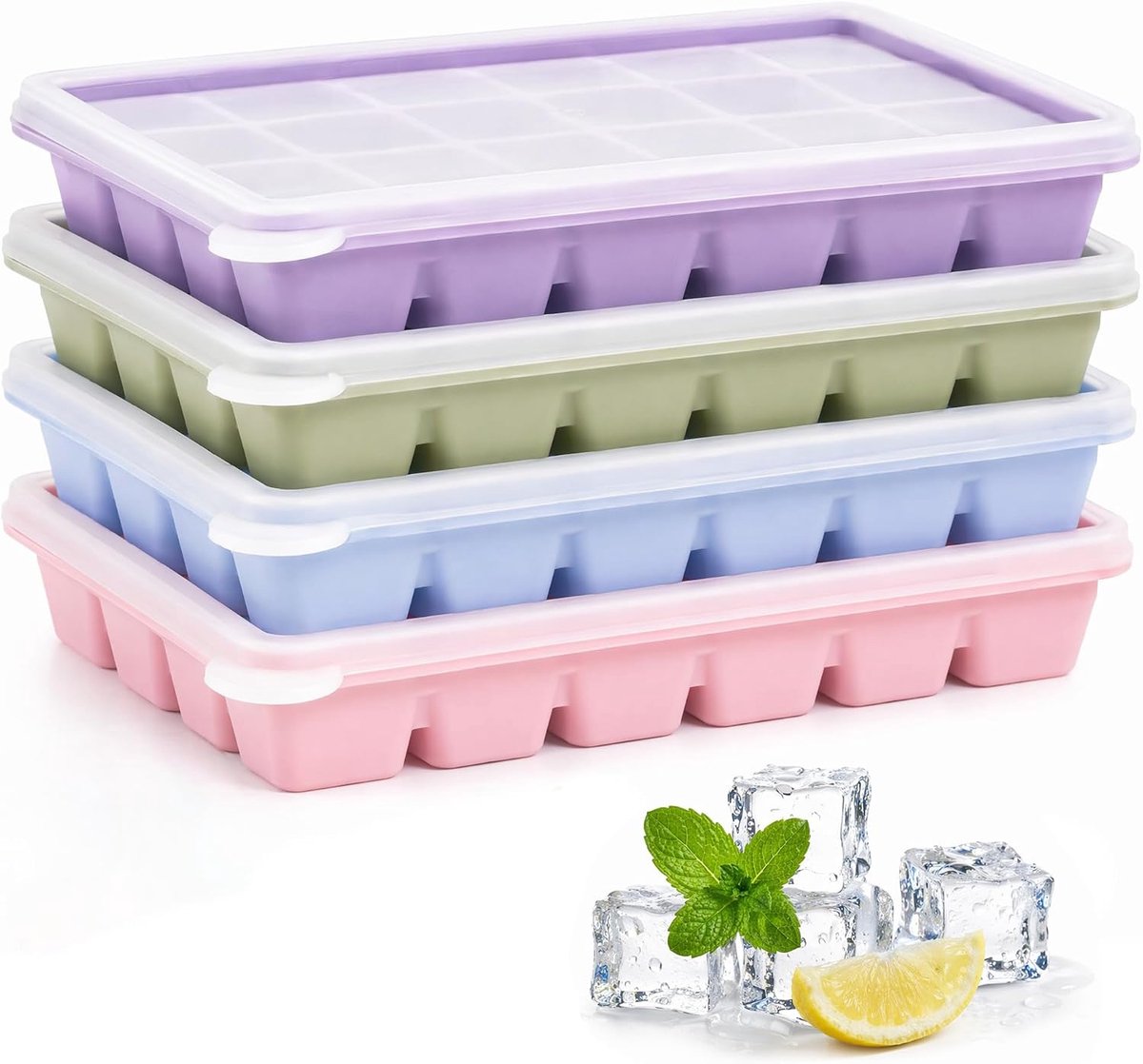 4 stuks ijsblokjesvormen van siliconen met deksel, 24 vakken ijsblokjeshouder, siliconen vorm, flexibel, stapelbaar, herbruikbare ijsblokjesvormen voor smoothies, koffie, feestdranken