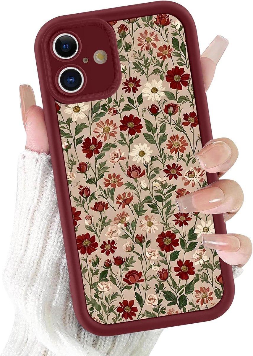 Beschermhoes voor iPhone 16 6,1 inch, esthetisch bloemenpatroon, beschermhoes, meisjes, vrouwen, dun, zachte siliconen, TPU, bumper, schokbestendig, beschermhoes voor iPhone 16, rood