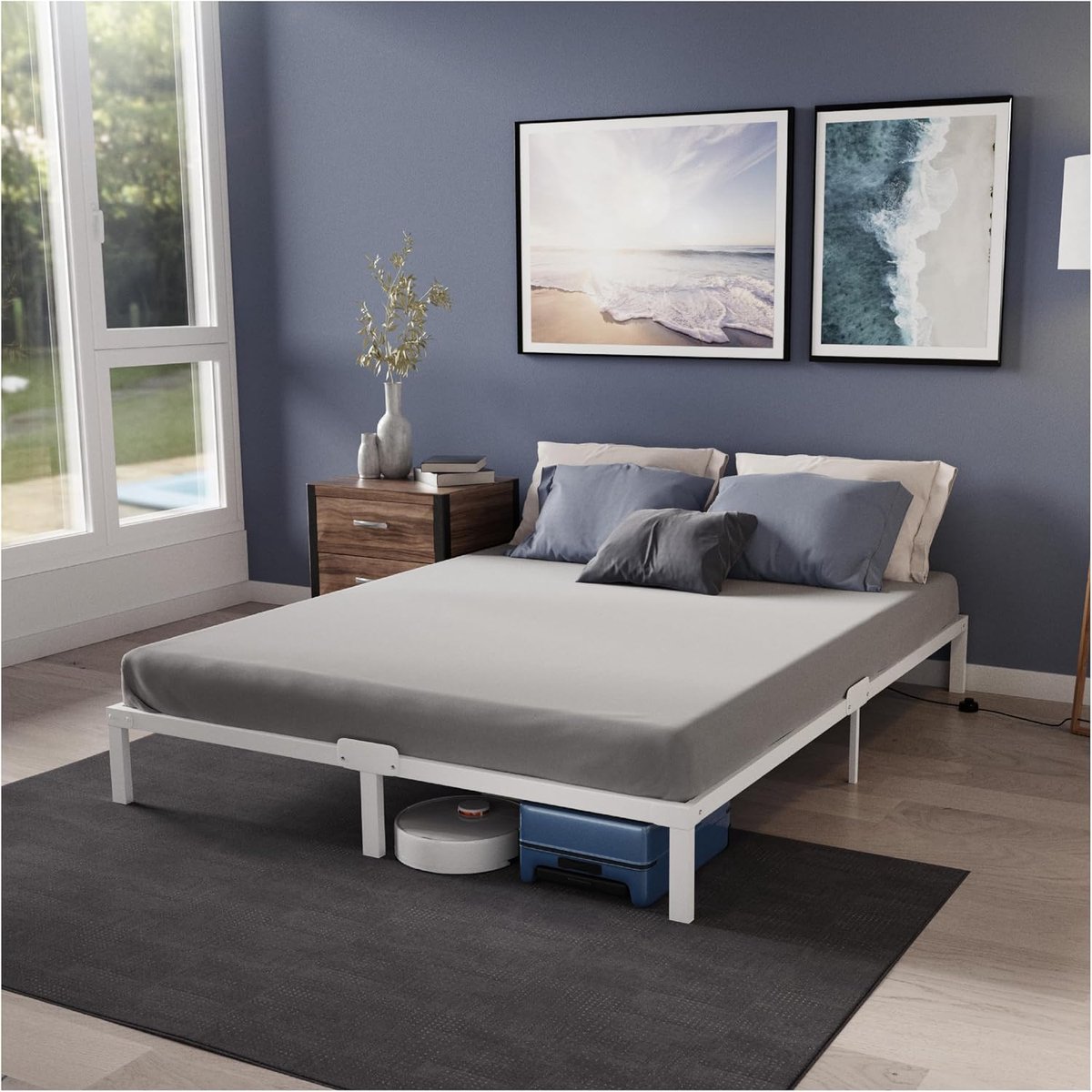 Bedframe 120 x 200 Van Metaal, Bedframe 120 x 200 Voor Matrassen Eenpersoonsbed, Hoogte 35 cm, Robuust, Eenvoudige Montage, Omvangrijke Opbergruimte, Witte Lattenbodem
