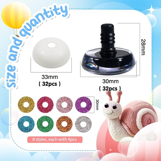 Ogen, poppenogen, glitter, 30 mm, kunststof knutselogen, kleurrijk, knoopogen met sluitringen, voor gehaakte dieren, pop, marionet, pluche dier, teddyogen — afbeelding 4
