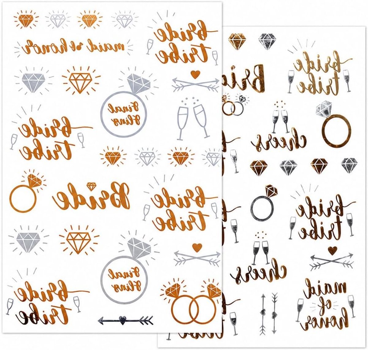 Tijdelijke tatoeages voor vrijgezellenfeest, bruid-teamdecoraties, 2 vellen (goud + zilver, standaard)