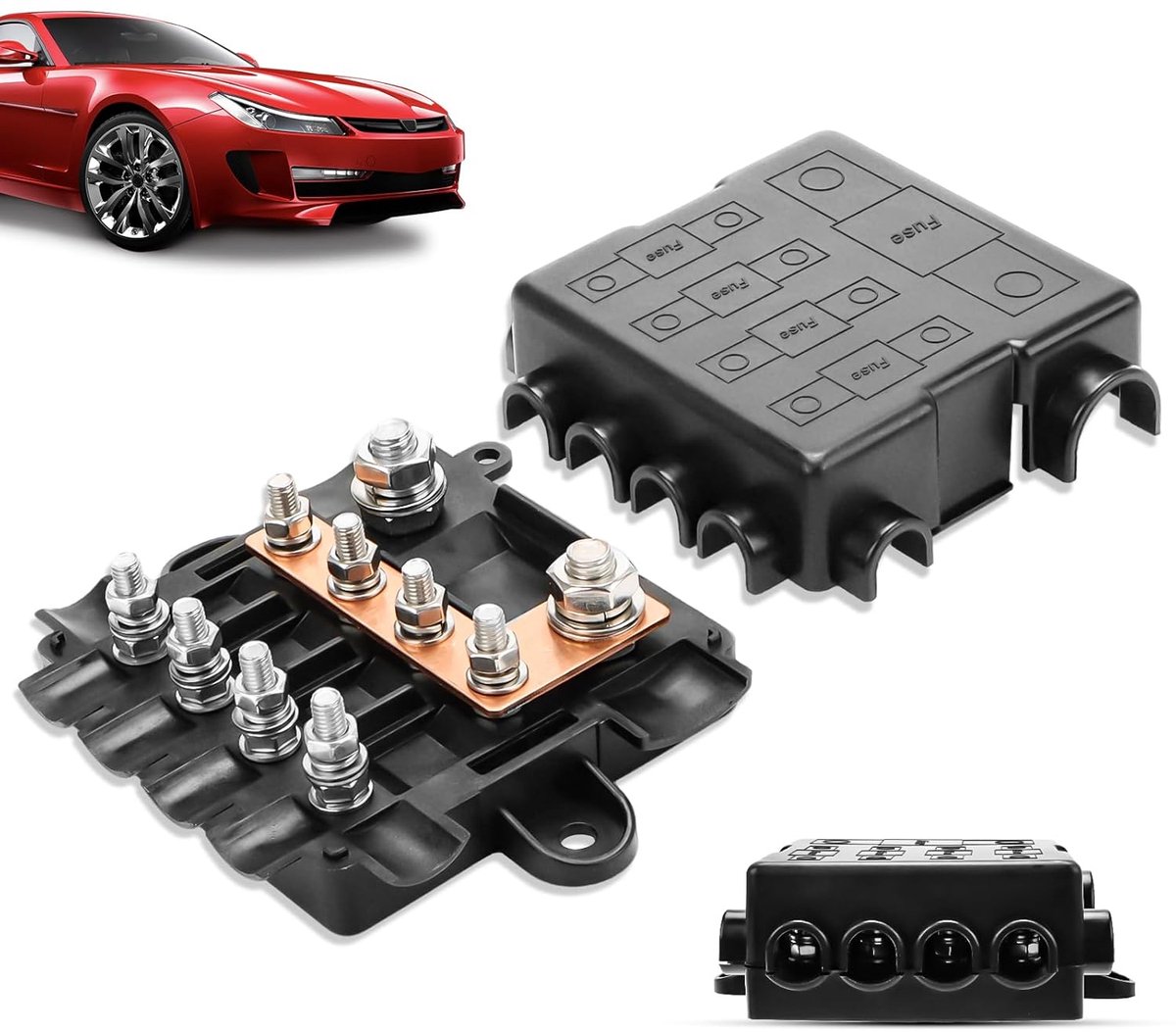 Zekeringhouder voor 1 x mega + 4 x midi-zekeringen, met geïntegreerde busbar en polyamide voor hoge en middelgrote stroomcircuits, auto, boot, SUV, vrachtwagen