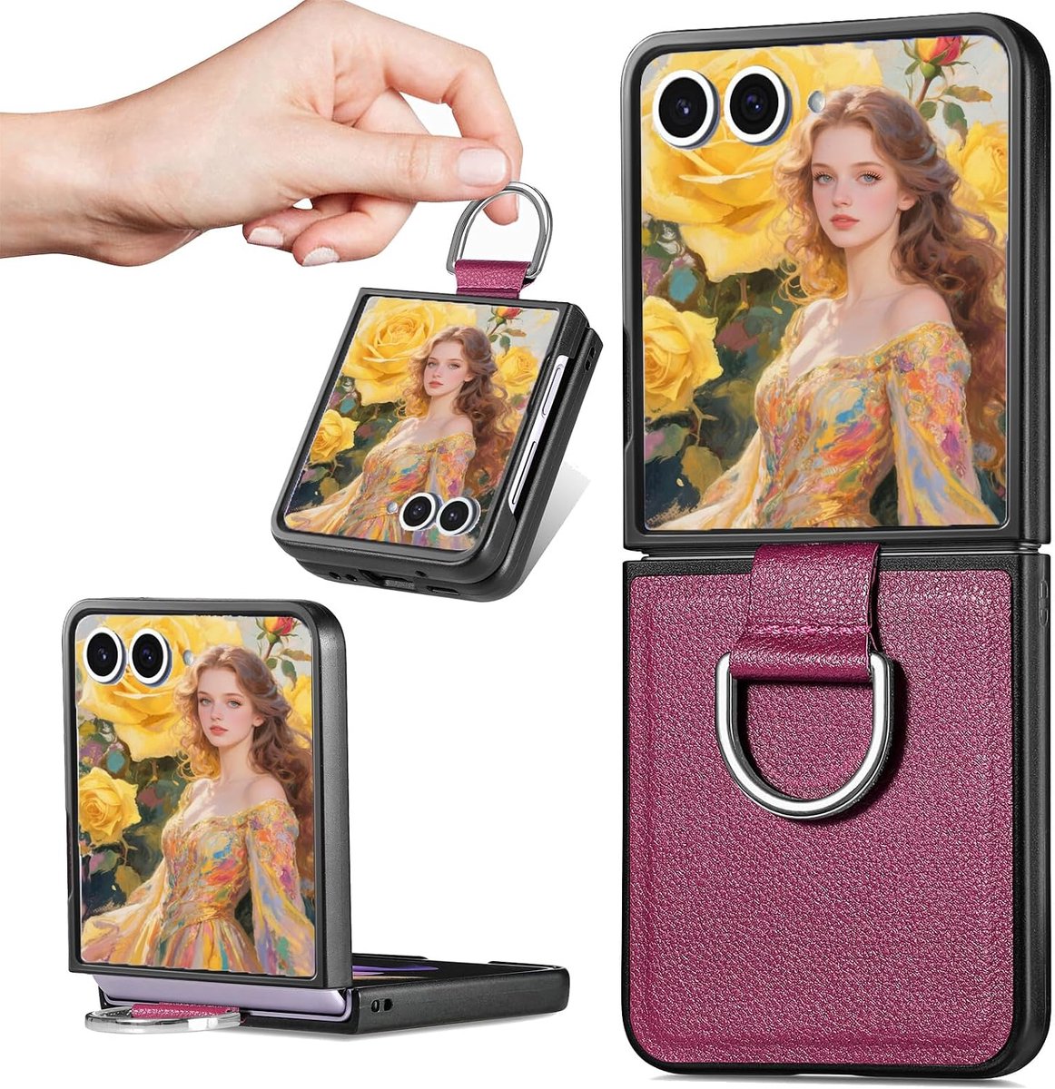 Hoesje voor Samsung Galaxy Z Flip 7 met Ring standaard LZH Paars | Ultradun Retro PU Lederen Flip Case, Antislip Anti-Vingerafdruk zacht TPU Schokbestendig Telefoonhoes voor Samsung Z Flip 7