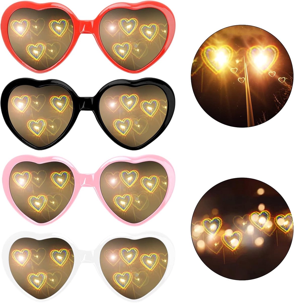 Bril met harteffect Bril met speciaal effect, 4 stuks 3D-brillen Bril met harteffect Diffractiebril Rave-bril 3D-bril Diffractiebril voor muziek Buitenfeest/bar/nachtclub (rood/zwart/roze/wit)