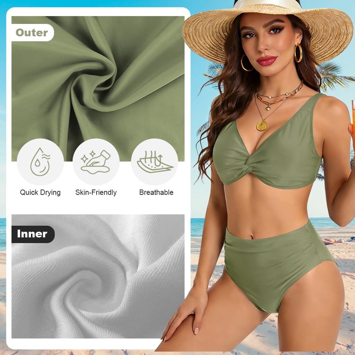 Bikiniset voor dames, hoge taille, twist-front badpakken, V-hals gewatteerde tweedelige badpakken badpakken, buikcontrole ruches badpakken, sexy strandvakantiekleding voor vrouwen, strandbadpak