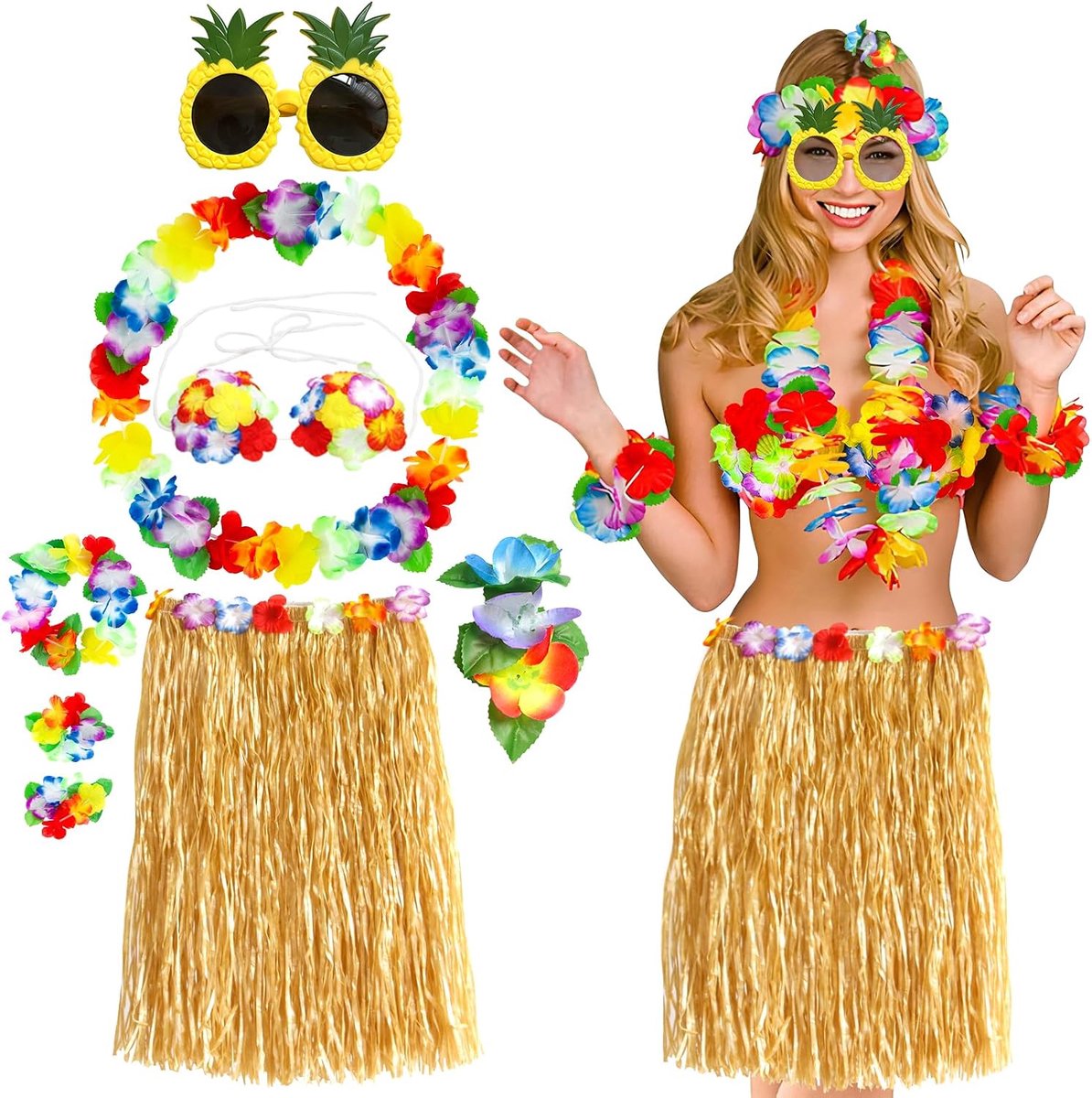 8-delige Hawaiiaanse rok van stropakket, hoela-rok, kostuumaccessoireset, met halsketting, haarclip met bloemenbeha voor hoofd en ananas zonnebril (rietje)