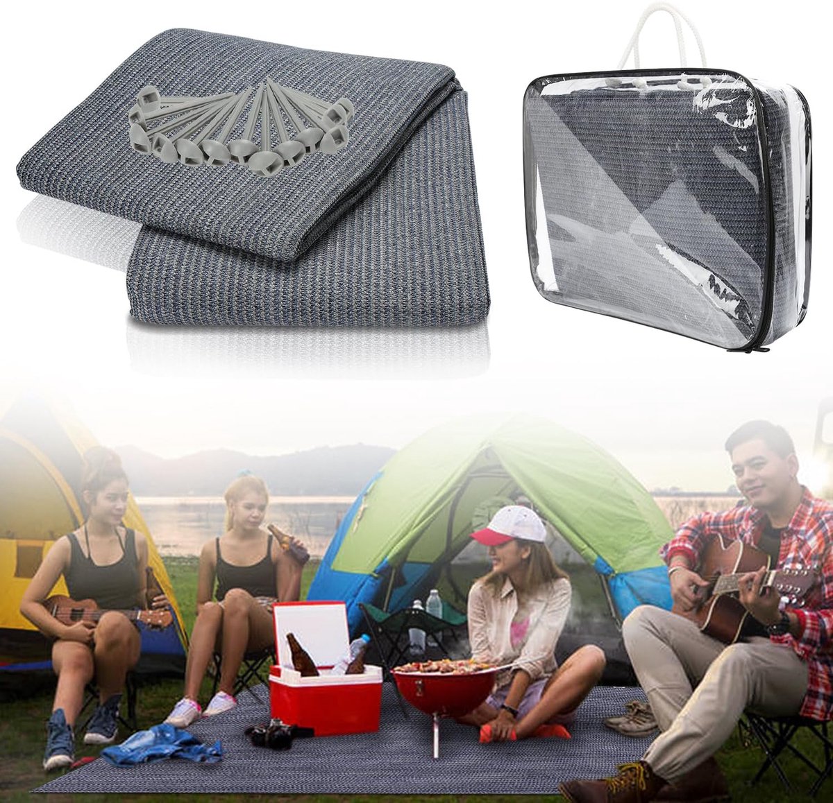 Luifeltapijt, ademend, antislip, tentvloer voor camping, campingtapijt met 13 haringen en draagtas, wasbaar (grijs-blauw)