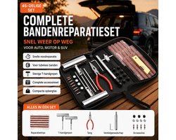 Bandenreparatieset Auto 46-delig – Proppenset voor Tubeless Banden – Met Metalen T-grepen, 15 Reparatiestrips, Tang, Bandenspanningsmeter en Opbergtas – Voor Auto, Motor en SUV