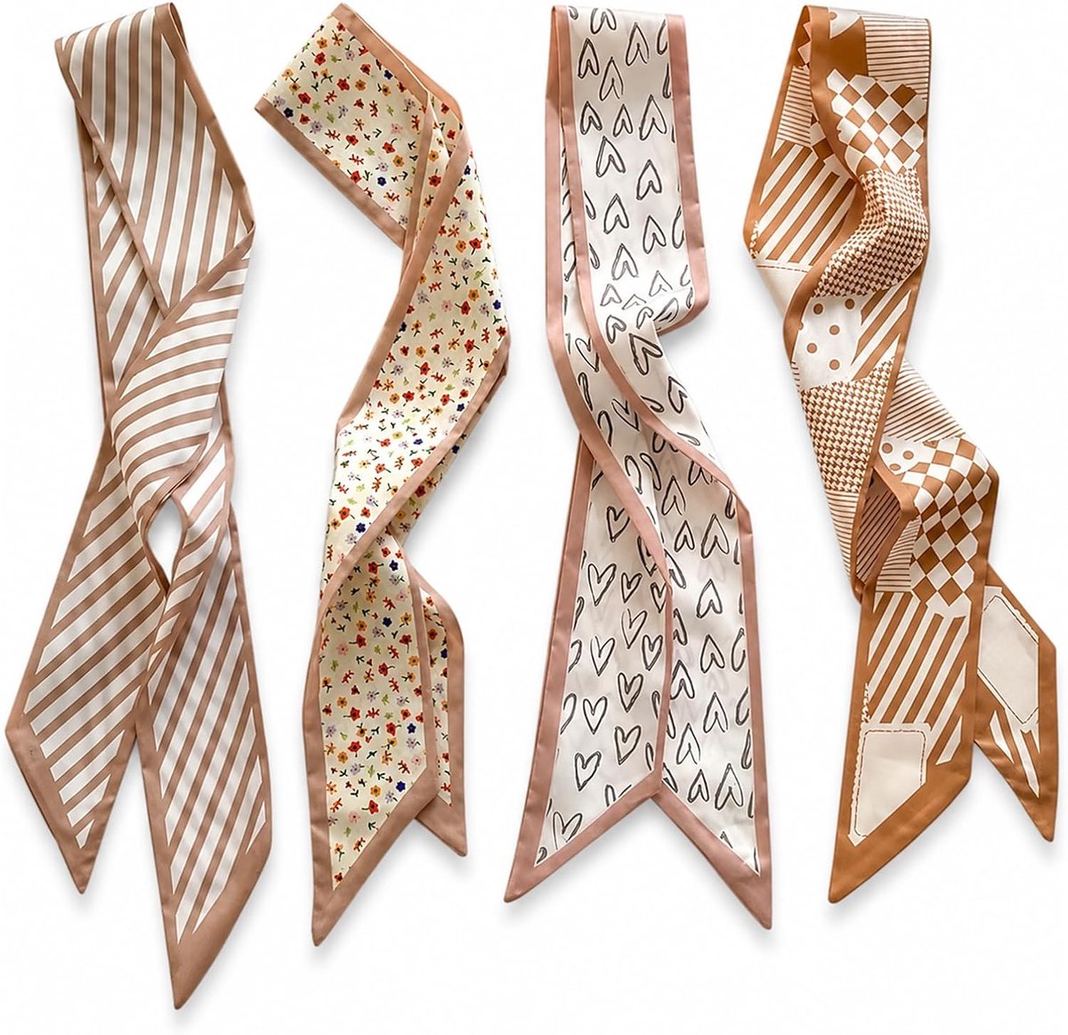 4-delige set zijden sjaaltjes, haar sjaal dames om te binden, smalle zijden sjaaltjes in bruintinten met diverse patronen, veelzijdig voor haarstyling, tassenversiering en outfitcombinatie