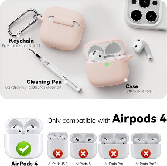 Compatible with AirPods 4 Case - Light Pink - Silicone Protective Case Cover for Apple Air Pod 4 (2024/ANC), Unisex Design, with Cleaning Kit — afbeelding 3