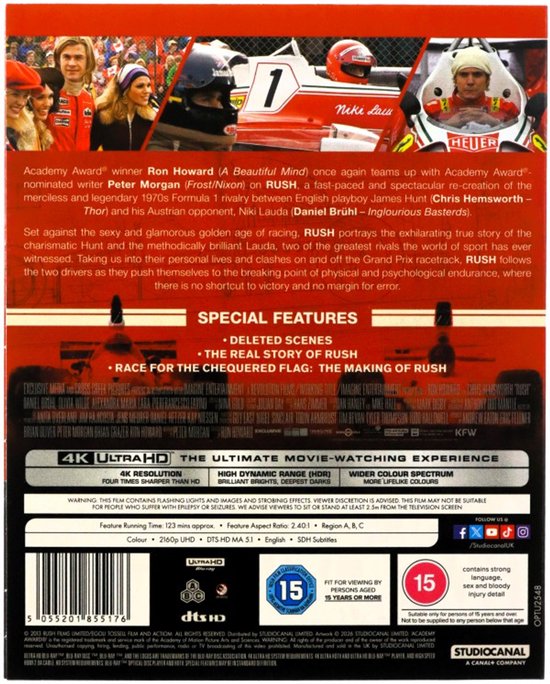 Achterkant van de 4K Ultra HD Blu-ray hoes van Rush, met foto's van acteurs en races.