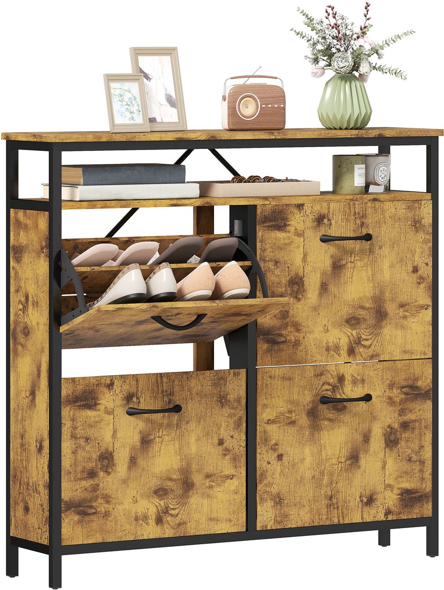 HOMCOM Flip-down Shoe Cabinet-Spanplatte, Stahl-98L x 24B x 95H cm-Rustikal-Braun