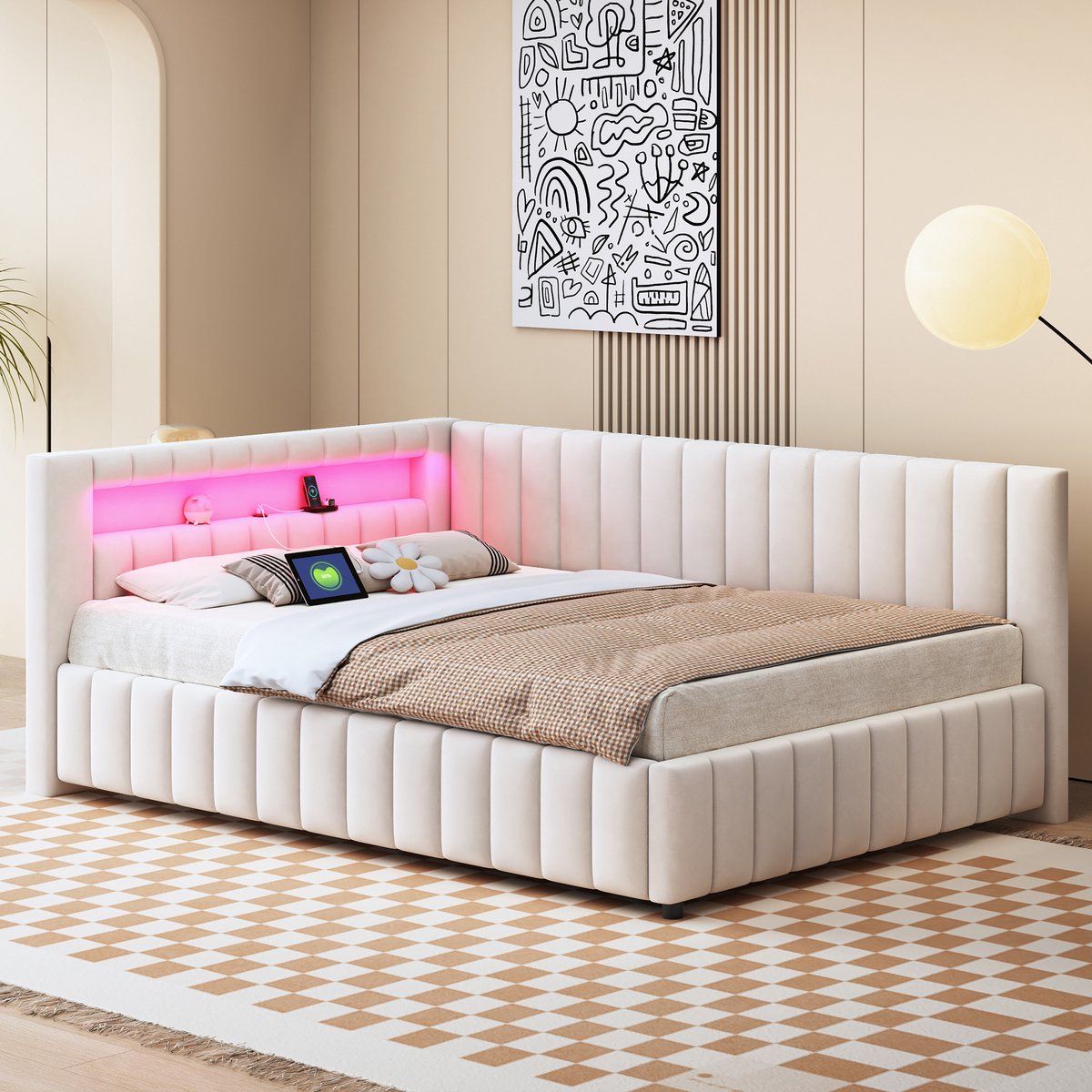 Gestoffeerd bedframe - voor matras 140 x 200 cm - beige - met LED-verlichting en USB-aansluiting en lattenbodem - voor de slaapkamer