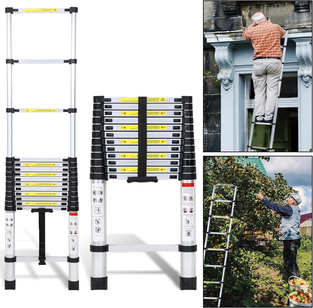 Telescopische Ladder - Uitschuifbare Ladder - Veilig Klussen - Veiligheidsschakelaar - 3.8 Meter - Zilver