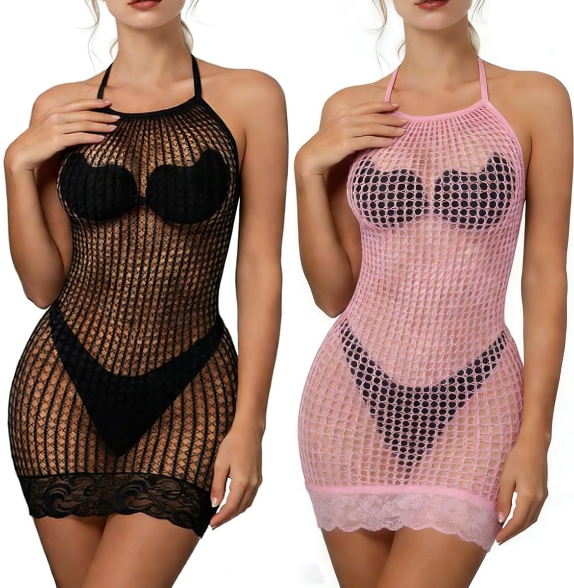 SolidKeus - 2 Stuks Sexy Vrouwen Lingerie Mini Jurk met Visnet en Rugloos Ontwerp