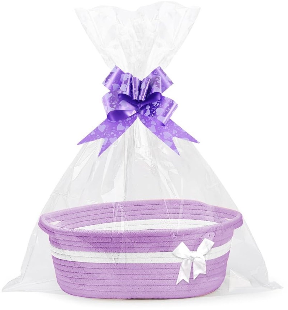 SolidKeus - Woven Gift Basket met 2 Transparante Cadeauzakken en Strikken (Paars)