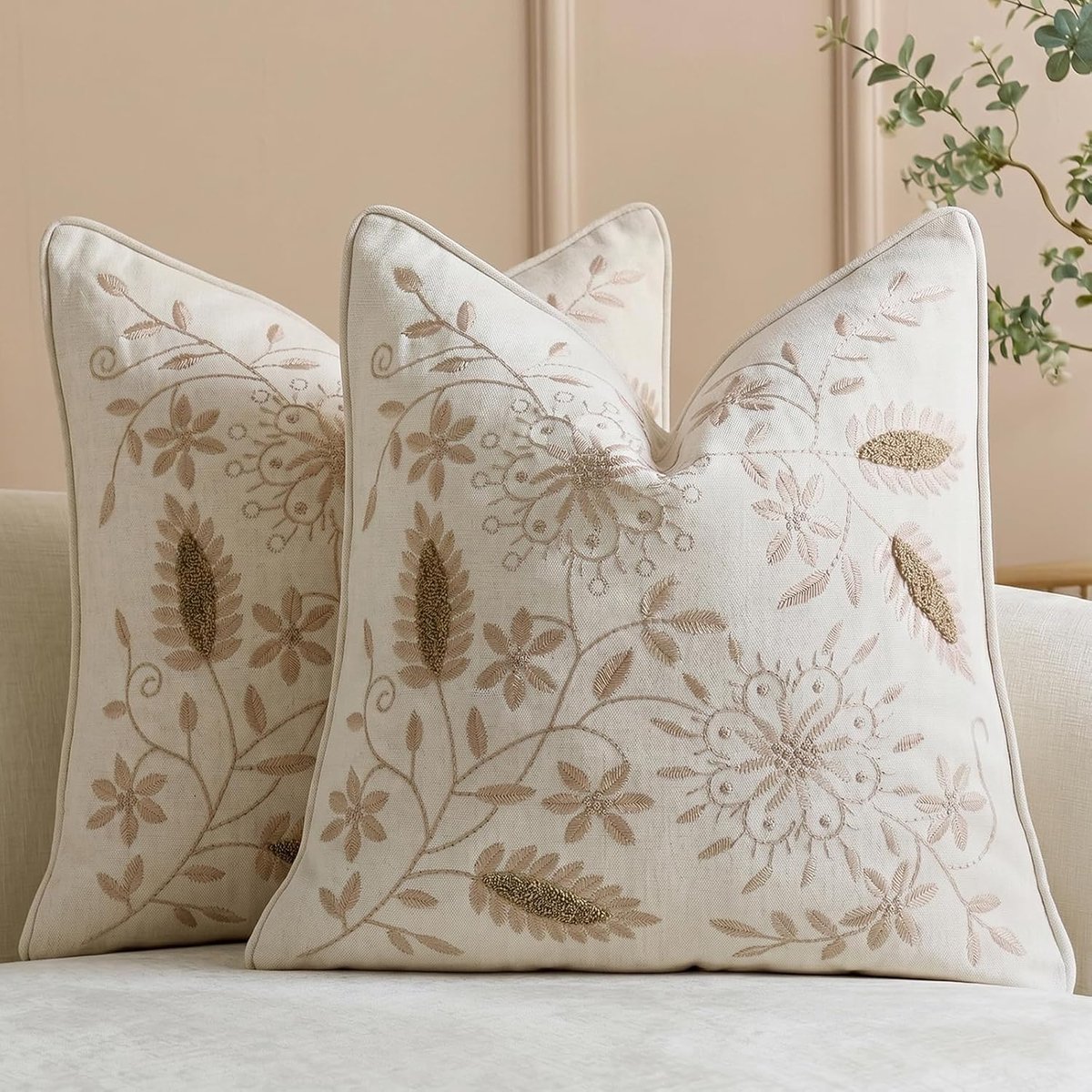 2 Stuks Geborduurde Kussenslopen - 45x45 cm - Beige - Chenille met Bloemmotief - Voor Bank en Woonkamer