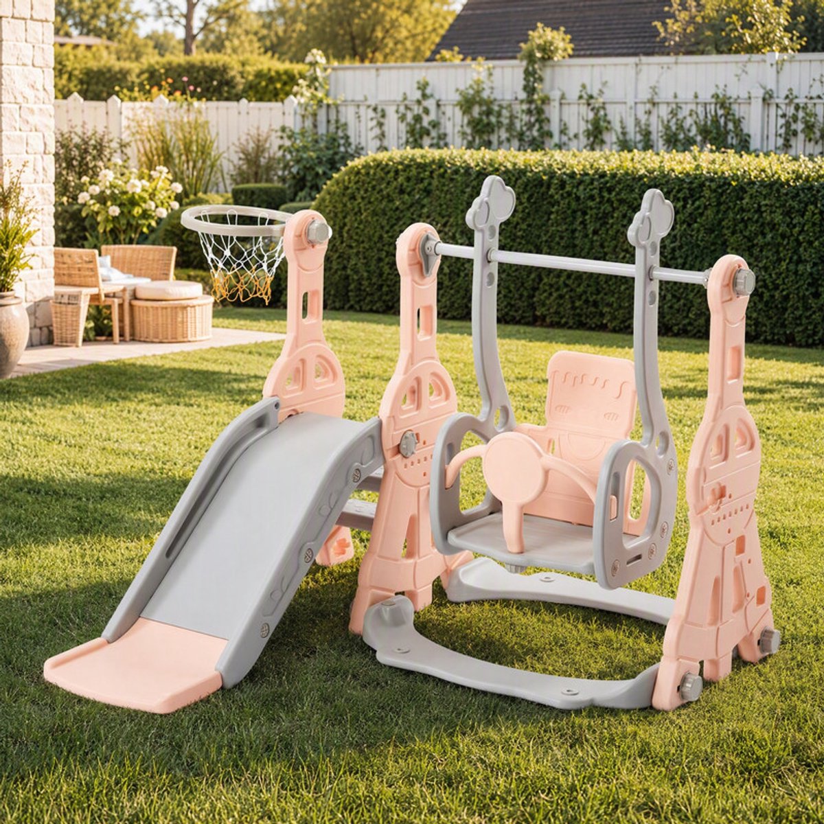 4-in-1 Kinderglijbaan met Schommel, Klimladder en Basketbalring, Indoor & Outdoor Speeltoestel voor Kinderen