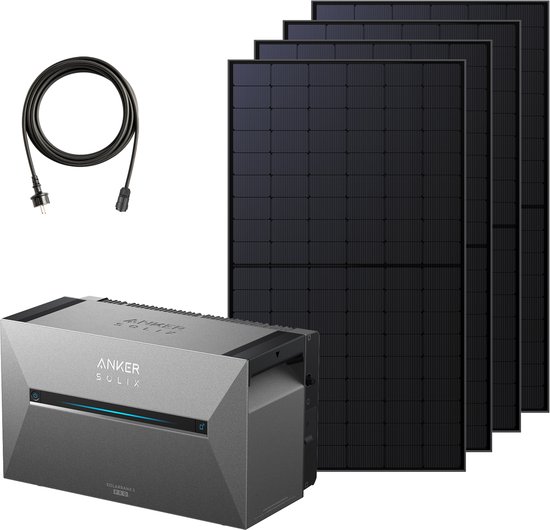 Grijze Anker SOLIX powerbank, vier zwarte zonnepanelen en een zwarte kabel met stekker.