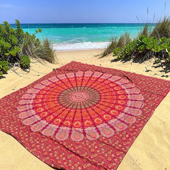 Lindian style - XL strandlaken - 100% katoen - Mandala strandkleed - rood/groen - Super dun strandlaken - Ruimtebesparend & Lichtgewicht in je koffer - Tweepersoons strandkleed - Groot strandlaken